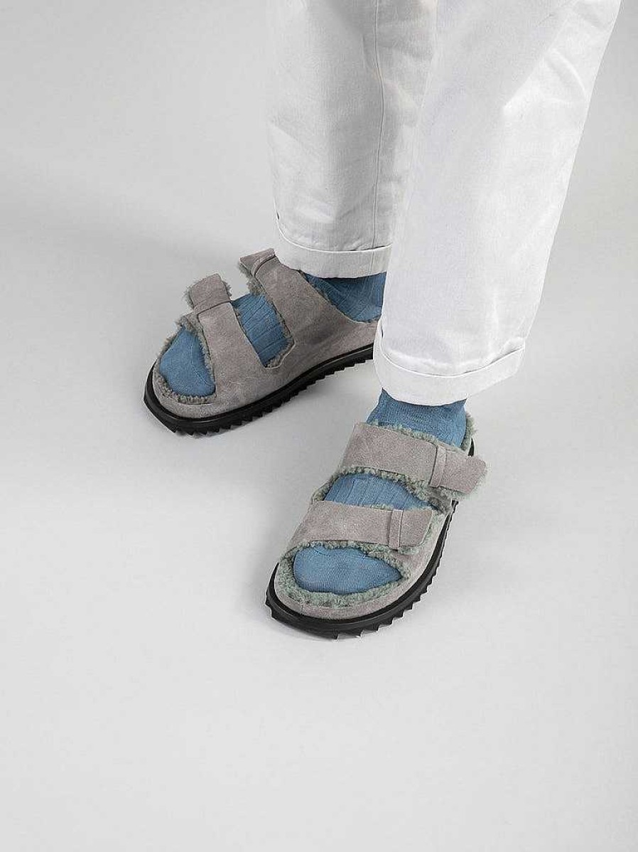 Uomo OFFICINE CREATIVE Sandali | Introspectus 003 - Sandali Slide In Camoscio Grigio